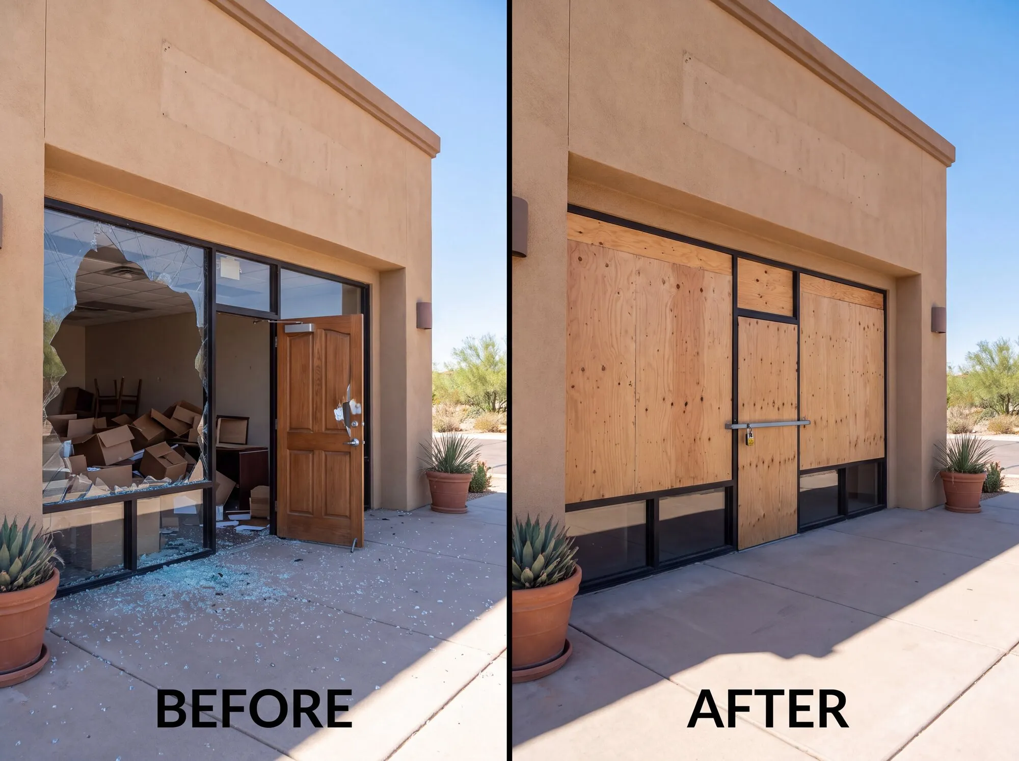 Commercial break-in board up before and after