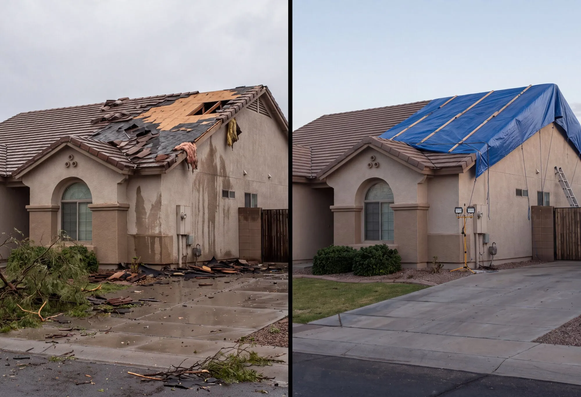Monsoon roof breach tarped before and after