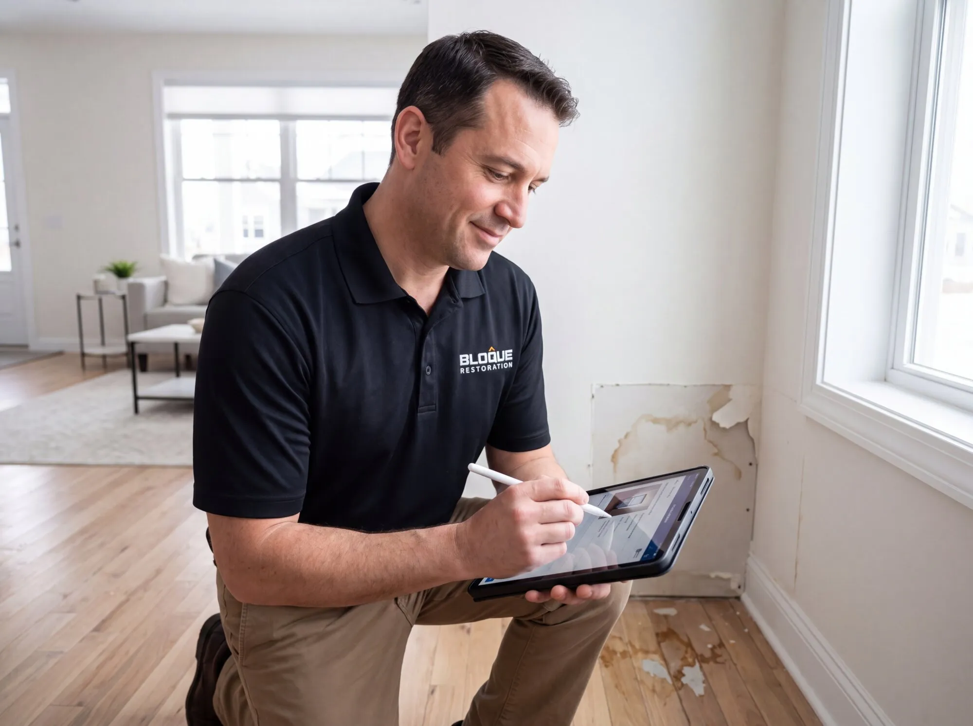 Bloque project manager reviewing an insurance scope with a homeowner