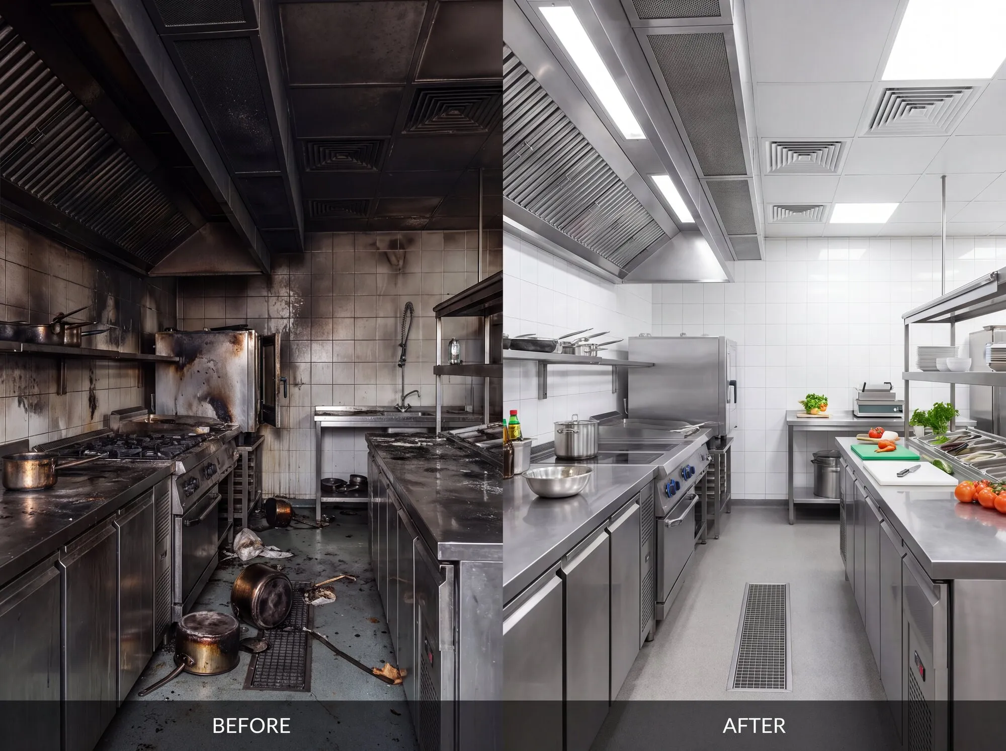 Restaurant kitchen fire restoration before and after