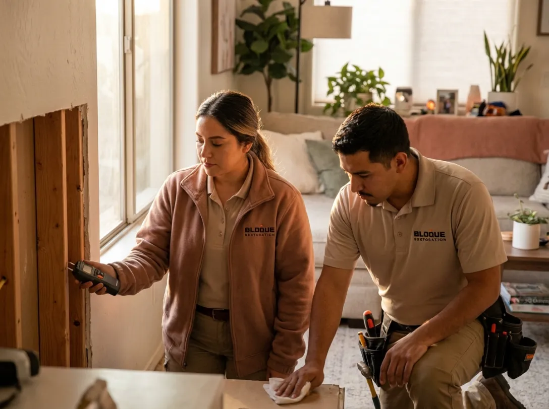 Bloque crew rebuilding a damaged room