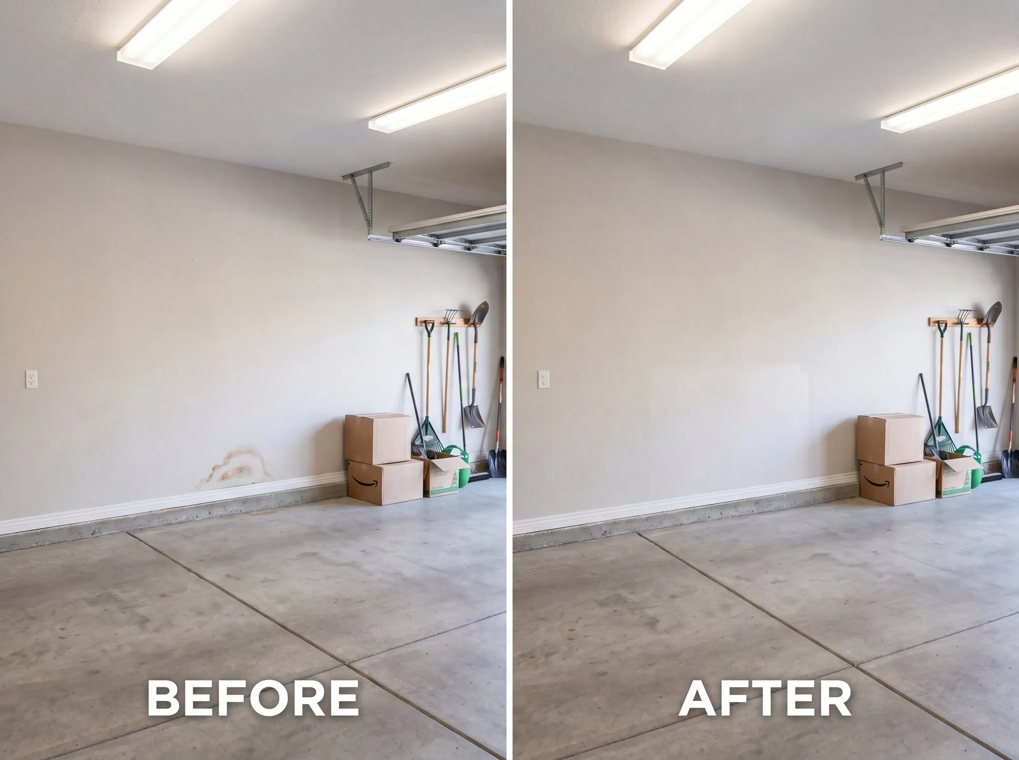 Old water stain on a garage wall with no active mold