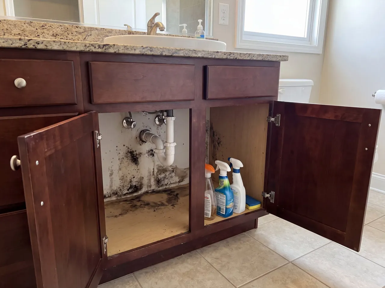 Bloque technician inspecting for mold under a sink