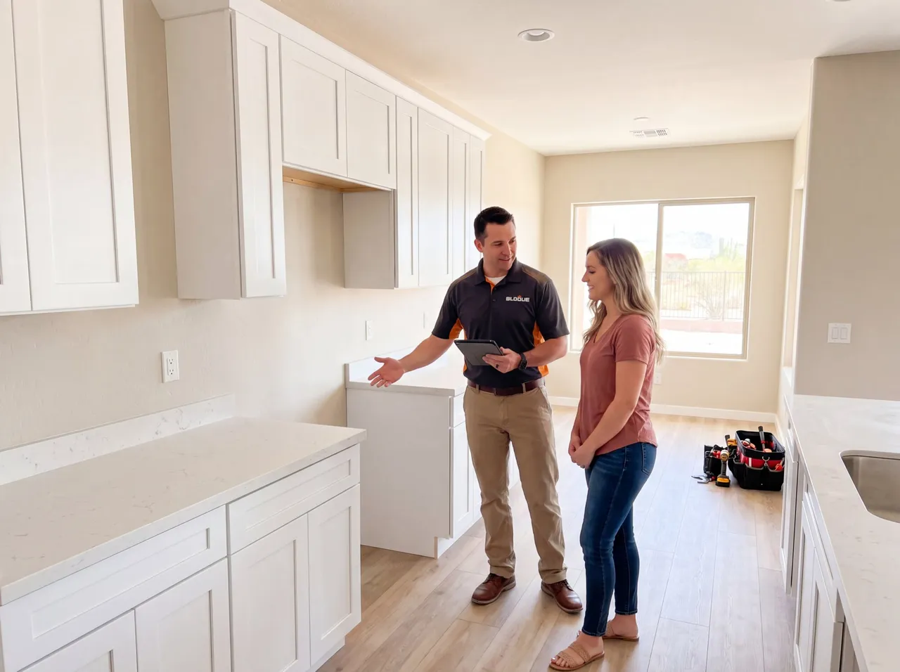 Bloque project manager walking a homeowner through a rebuilt kitchen