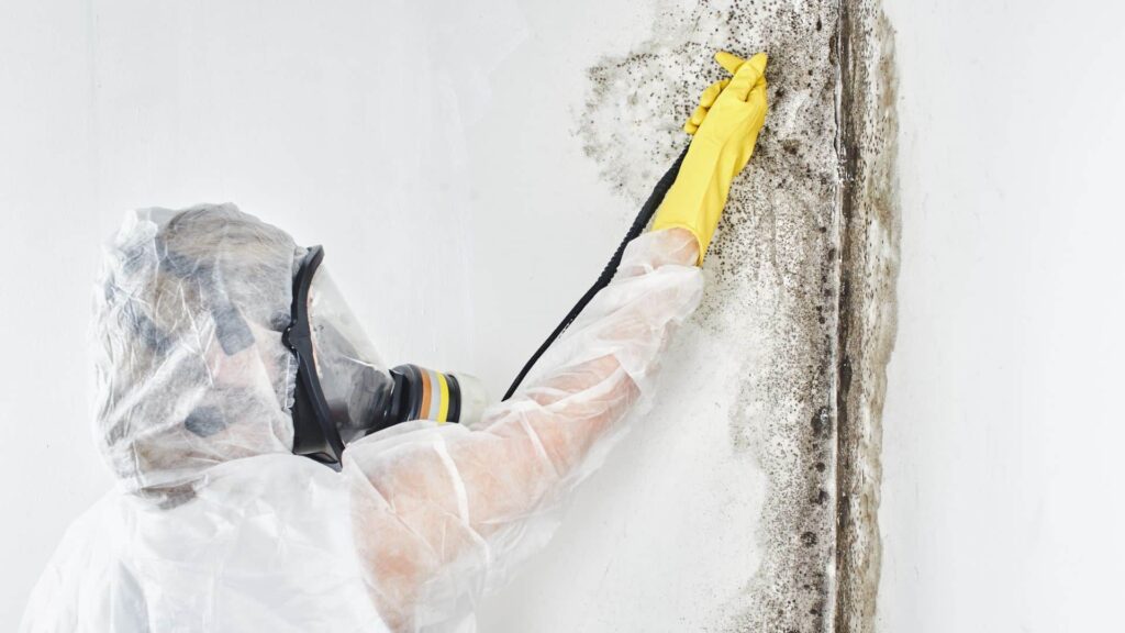 A person in a white hooded hazmat suit, respirator mask, and yellow gloves cleans mold from a white wall with a tool.