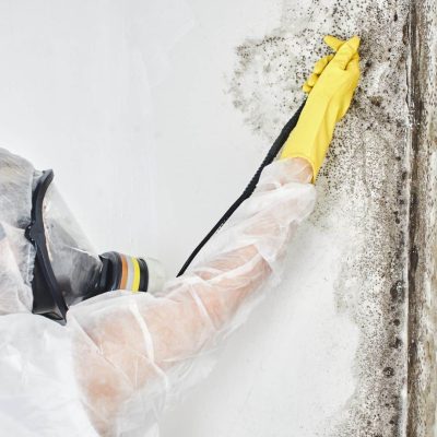 A person in a white hooded hazmat suit, respirator mask, and yellow gloves cleans mold from a white wall with a tool.